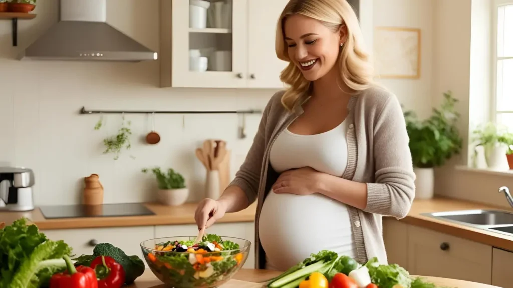 Illustration-of-an-8-week-pregnant-woman-making-healthy-salad-in-the-kitchen